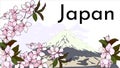 Traditional japanese landscape with sakura and fuji. Horizontal banner, travel poster with national symbols