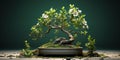 Traditional Japanese miniature potted bonsai tree on a dark background