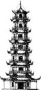 Traditional japanese pagoda tower with curved roof eaves and balconies