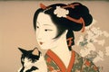 Traditional Japanese painting. Geisha with a cat in the background of cherry blossoms