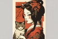 Traditional Japanese painting. A geisha in traditional clothes holds a cat in her arms.