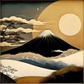 Traditional Japanese painting. A painting with a view of Mount Fuji.