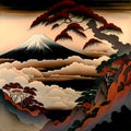 Traditional Japanese painting. A painting with a view of Mount Fuji.