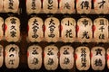 Traditional Japanese paper lantern with Japanese Characters in a raw in Yasaka Shrine, Kyoto, Japan Royalty Free Stock Photo