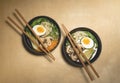 Traditional japanese Ramen soup with mushrooms, Bok Choy, greens in two black bowls