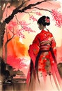 Traditional Japanese Red Geisha woman art