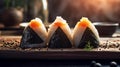 Traditional japanese rice balls or onigiri on a wooden table. Closeup photography. Generative AI