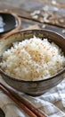Traditional Japanese Rice Bowl with Sesame Seeds Close Up, Authentic Asian Cuisine, Healthy Vegetarian Food Concept on Wooden
