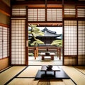 Traditional Japanese room with tatami mats - ai generated image Royalty Free Stock Photo