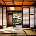 Traditional Japanese room with tatami mats - ai generated image Royalty Free Stock Photo