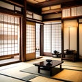 Traditional Japanese room with tatami mats - ai generated image Royalty Free Stock Photo