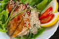 traditional Japanese salad of seaweed eel in balsamic dressing. garnished with white sesame seeds and a lemon wedge. spicy salad Royalty Free Stock Photo