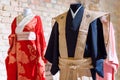 Traditional Japanese Samurai dress. Kimono costumes for man and woman on mannequins. Royalty Free Stock Photo