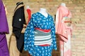 Traditional Japanese Samurai dress. Kimono costumes for man and woman on mannequins. Royalty Free Stock Photo