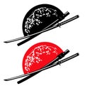 Samurai katana sword and sakura bloom with red sun vector design set