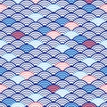 Traditional japanese seamless pattern with waves. Water texture. Nautical background. Blue, whire and red colors. Vector art Royalty Free Stock Photo