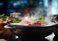 Traditional japanese shabu shabu meal with wagyu beef and vegetables on table.Macro.AI Generative