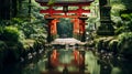 A traditional Japanese shrine, with torii gates leading to a sacred forest as the background, during a Shinto ceremony