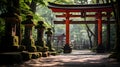 A traditional Japanese shrine, with torii gates leading to a sacred forest as the background, during a Shinto ceremony