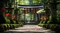 A traditional Japanese shrine, with torii gates leading to a sacred forest as the background, during a Shinto ceremony