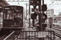 Traditional Japanese street car waiting in a station in Kyoto Japan