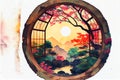 Traditional Japanese garden through a round window Royalty Free Stock Photo