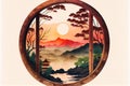 Traditional Japanese garden through a round window Royalty Free Stock Photo