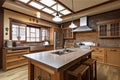 traditional japanese style kitchen with wooden countertops and stone backsplash Royalty Free Stock Photo