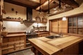 traditional japanese style kitchen with wooden countertops and stone backsplash Royalty Free Stock Photo