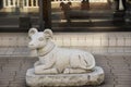 Traditional japanese style rock sculpture and carving as animal stone goat one of 12 Zodiac at beside street at Narita old town in