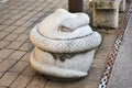 Traditional japanese style rock sculpture and carving as animal stone snake one of 12 Zodiac at beside street at Narita old town