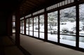 Traditional Japanese style room with a view over snowy winter landscape from panorama window Royalty Free Stock Photo