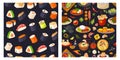 Traditional Japanese sushi food banner set, vector illustration. Asian healthy meal product pattern on black background Royalty Free Stock Photo