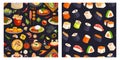 Traditional Japanese sushi food banner set, vector illustration. Asian healthy meal product pattern on black background Royalty Free Stock Photo