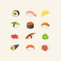 Traditional japanese sushi and rolls. Asian seafood, restaurant delicious and sashimi set. vector illustration. Royalty Free Stock Photo