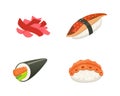 Traditional japanese sushi and rolls. Asian seafood, restaurant delicious vector illustration. Royalty Free Stock Photo