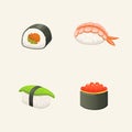 Traditional japanese sushi and rolls. Asian seafood, restaurant delicious vector illustration. Royalty Free Stock Photo