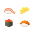 Traditional japanese sushi and rolls. Asian seafood, restaurant delicious vector illustration. Royalty Free Stock Photo