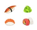 Traditional japanese sushi and rolls. Asian seafood, restaurant delicious vector illustration. Royalty Free Stock Photo