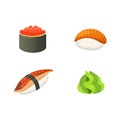 Traditional japanese sushi and rolls. Asian seafood, restaurant delicious vector illustration.