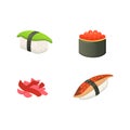 Traditional japanese sushi and rolls. Asian seafood, restaurant delicious vector illustration. Royalty Free Stock Photo