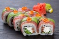 traditional Japanese sushi with salmon avocado and soft cheese garnished with red caviar. Japanese kitchen. Japanese restaurant Royalty Free Stock Photo