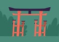 Traditional Japanese symbolic gates with roof and columns called Tori or Torii. Japan ritual religious architecture