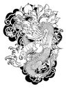 Japanese Koi and Dragon.Hand drawn geisha girl and kitten on wave background.old dragon with plum