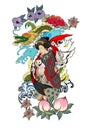 Traditional Japanese Tattoo Design For Back Body.Japanese Women In Kimono With Her Cat And Dragon.Hand Drawn Geisha Girl