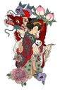 Traditional Japanese Tattoo Design For Back Body.Japanese Women In Kimono With Her Cat And Dragon.Hand Drawn Geisha Girl