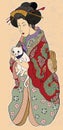 Traditional Japanese Tattoo Style.Japanese Women In Kimono With Her Cat And Old Dragon.fd