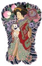 Traditional Japanese Tattoo Style.Japanese Women In Kimono With Her Cat And Old Dragon.fd