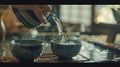 A traditional Japanese tea ceremony being performed with meticulous attention to detail. featuring elegant tea sets and graceful Royalty Free Stock Photo