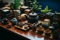 Traditional japanese tea ceremony, utensils arranged neatly. Generative AI Royalty Free Stock Photo